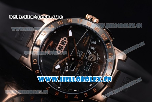 Ulysse Nardin Executive Dual Time & Big Date Asia ST25 Automatic Rose Gold Case Black Dial Black Bezel and Black Rubber Strap - Click Image to Close